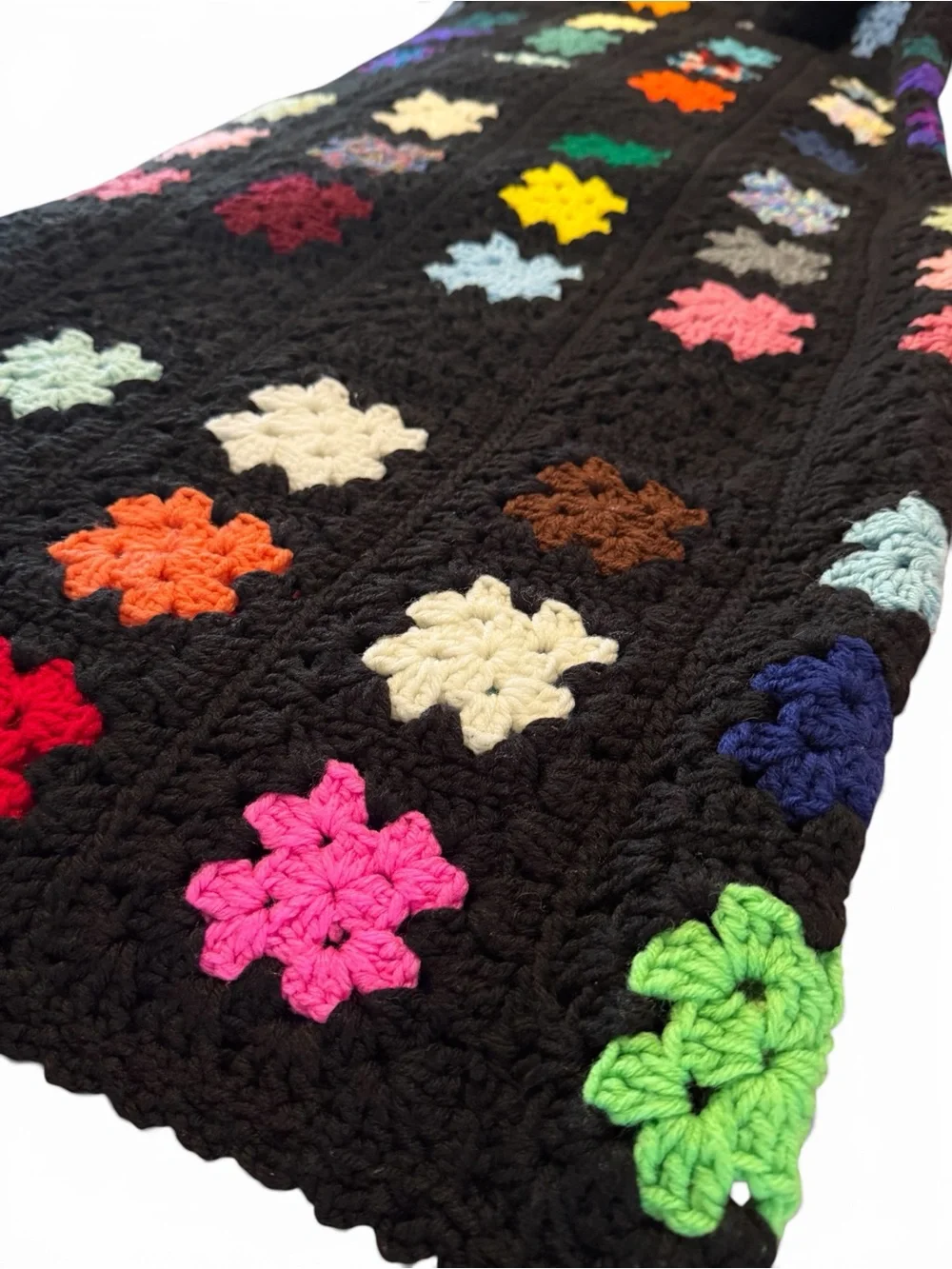 Vintage Hand-Crocheted Afghan Black With Multicolor Granny Squares 65” x 75”